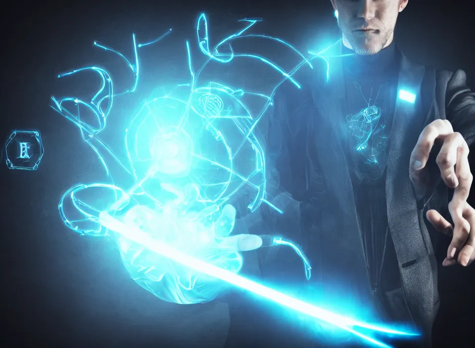 Prompt: Portrait of the handsome futuristic cyberpunk wizard hero levitating majestically with glowing magic rune aura in his hands. Photorealistic, ultra high resolution, intricate details