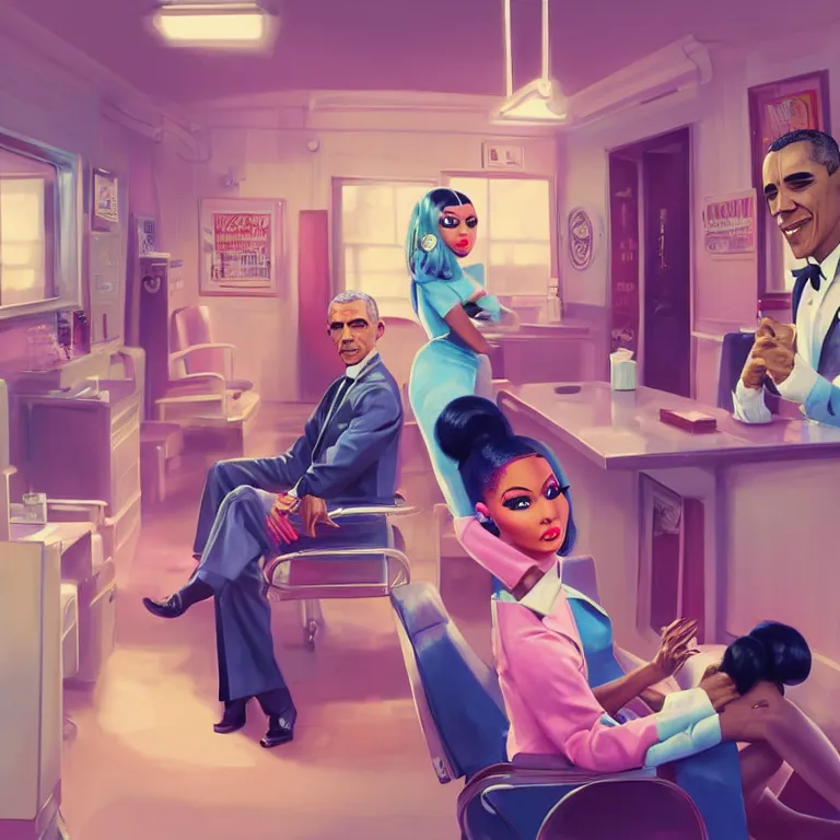 Image similar to 1 9 6 0 s concept illustration portrait of nicki minaj sitting next to barack obama in a barbershop. cinematic scene. volumetric lighting, flat style, pastel colors, hyper detailed. octane render. concept art. trending on artstation.