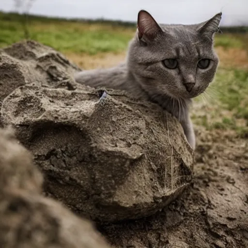 Image similar to cat with soviet army clothes mid war using a boulder as cover, war field, destruction, cinematic, epic, dramatic