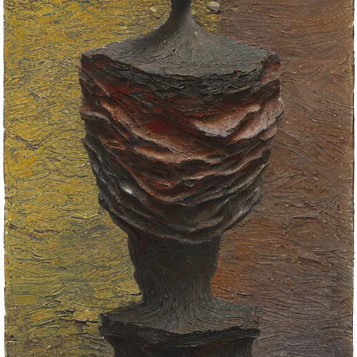 Prompt: a detailed, impasto painting by shaun tan and louise bourgeois of an abstract forgotten sculpture by ivan seal and the caretaker, 1 8 9 0