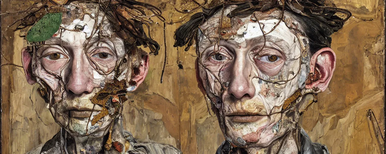 Prompt: a painted portrait a very ordinary person, by Lucian Freud & Anselm Kiefer & Peter Vahlefeld & Minoru Onoda, flowers, Scaffolding, rusted metal, decay, mixed media, textured, anatomically correct, beautiful perfect face, sharp focus, Highly Detailed