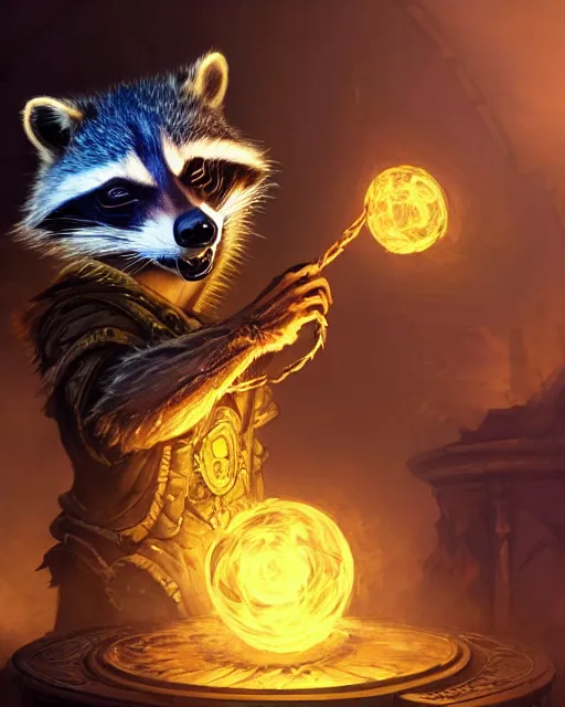 Image similar to closeup 2 8 mm anthropomorphic warlock raccoon casting a spell in a castle, d & d, fantasy, intricate, action pose, particle effects, highly detailed, digital painting, artstation, concept art, matte, sharp focus, volumetric lighting, illustration, hearthstone, art by artgerm, wlop, craig mullins, alphonse mucha