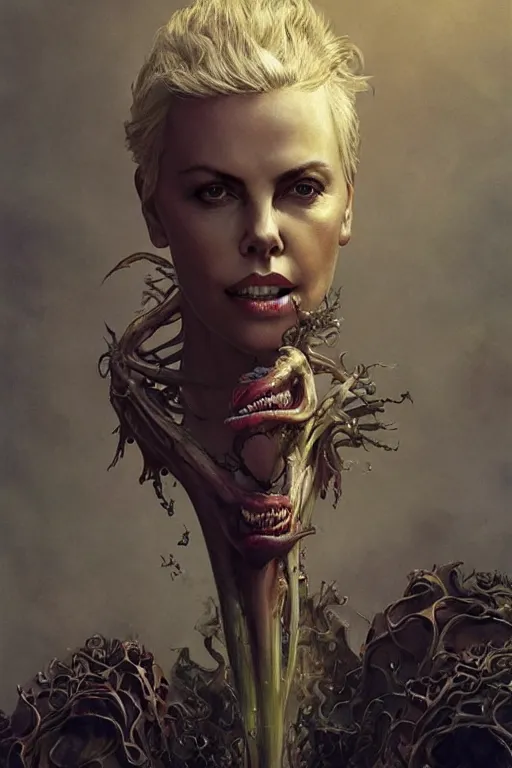 Image similar to Charlize Theron as Venus flytrap, intricate, highly detailed, smooth, artstation, digital illustration by Ruan Jia and Mandy Jurgens and Artgerm and Wayne Barlowe and Greg Rutkowski and Zdislav Beksinski