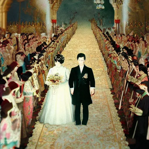Image similar to a wide full shot, colored russian and japanese mix historical fantasy of a photograph taken of a royal wedding processional ceremony, photographic realistic, warm lighting, 1 9 0 7 photo from the official wedding photographer for the royal wedding.