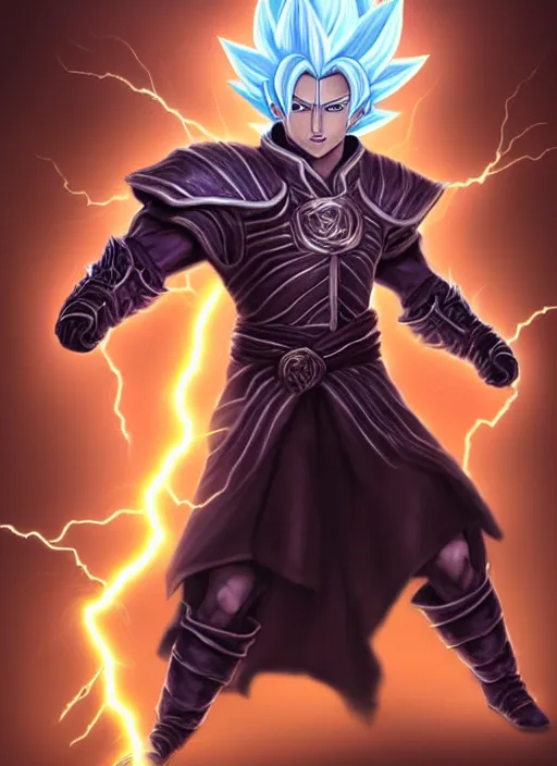 Prompt: portrait of an athletic male sorcerer casting a lightning spell and going super saiyan as a diablo 3 character, looking at camera, his robe is infused with lightning bolts, D&D, lightning master, short hair, intricate, elegant, stylish, cute smile, fantasy, extremely detailed, digital painting, artstation, concept art, smooth, sharp focus, illustration, ambient lighting, art by artgerm and greg rutkowski and alphonse mucha and simon stalenhag