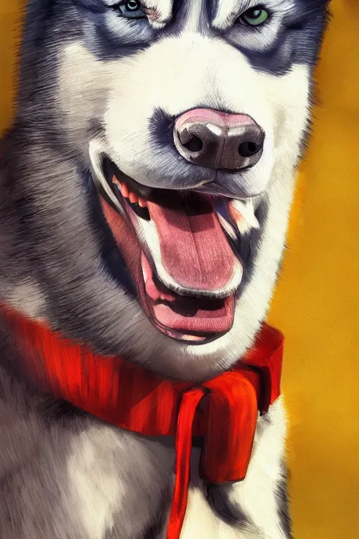 Image similar to a portrait painting of a husky in cowboy costume, wearing a cowboy hat, by studio ghibli, [ western film ], [ red dead ], trending on artstation