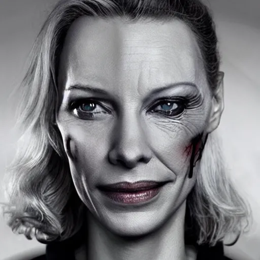 Prompt: cate blanchet as the terminator, half torn face