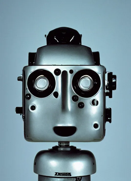 Image similar to a portrait photograph of a robot head designed by douglas coupland, 3 5 mm, color film camera,