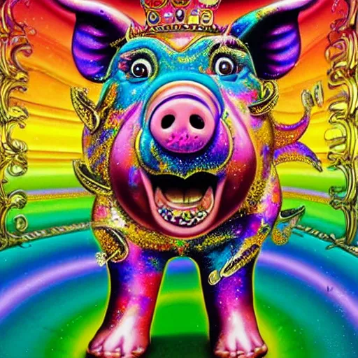 Prompt: lisa frank flexing pig wearing a gold crown painting by android jones