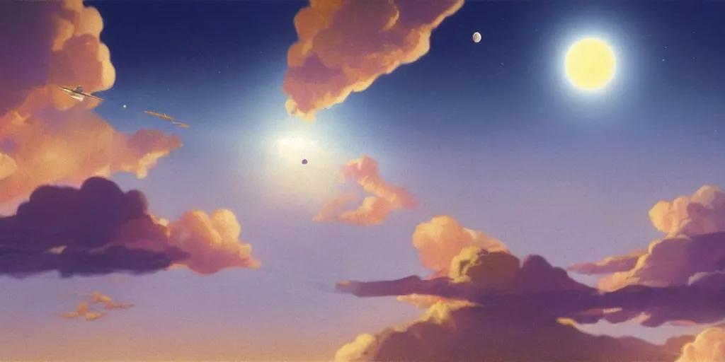 Image similar to blue dreamy cloudscape with a single planet in the clouds, daylight, cinematic lighting, cinematic perspective, syd mead, john harris, federico pelat,