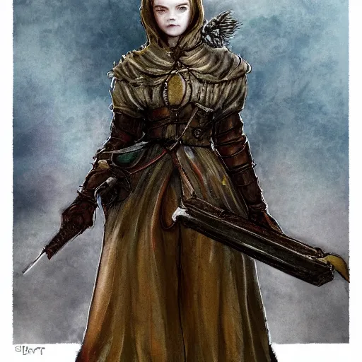 Image similar to Elle Fanning in the painted world of Dark Souls, head and shoulders masterpiece, apocalypse, golden hour, cosmic horror, artstation, in the style of Beatrix Potter, extremely detailed