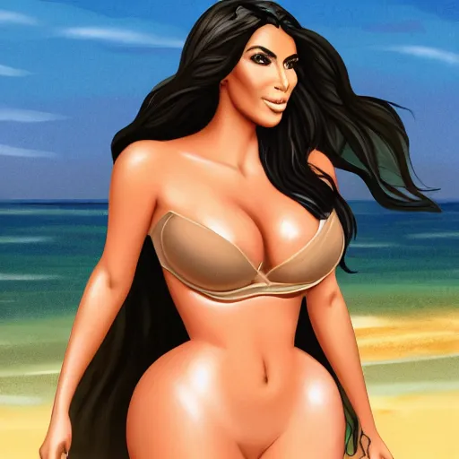 Image similar to kim kardashian in linguire next to the beach, looking at camera while posing, wet clothes, realistic shading, fine details, realistic shaded lighting poster, g cup size, dslr