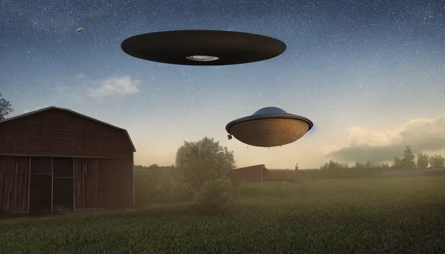 Image similar to a ufo floats over a barn with a broken roof, debris is ascending toward the ufo, volumetric lighting, night, photorealistic rendering, color palette, 8 k, hyperdetailed