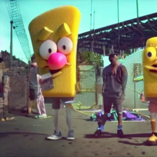 Prompt: real - life sponge bob in a hip - hop music video