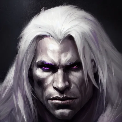 Prompt: realistic portrait of drizzt du orden by r. a. salvatore, dark elf with purple eyes and white hair and thin face, trending on artstation, dark gloomy cave background, low angle oil painting and composition laws, cinematic lighting, hyperdetailed, cgsociety, 8 k
