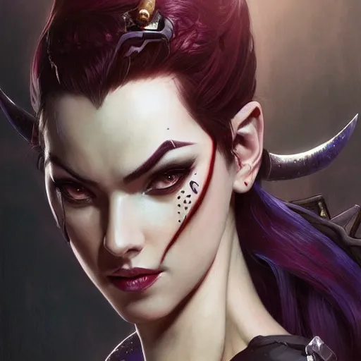 Image similar to dark fantasy character portrait of Widowmaker from Overwatch, intricate, wild, highly detailed, digital painting, artstation, upper body, concept art, smooth, sharp focus, illustration, art by artgerm and greg rutkowski and alphonse mucha