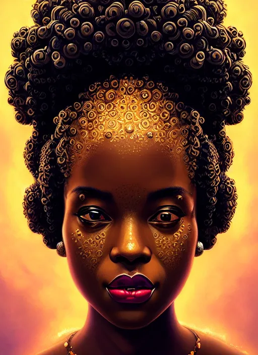 Image similar to portrait of young black woman with bantu knots, afro - futurist style, intricate, elegant, exploding nebulae, highly detailed, digital painting, artstation, concept art, smooth, sharp focus, illustration, art by wlop, mars ravelo and greg rutkowski