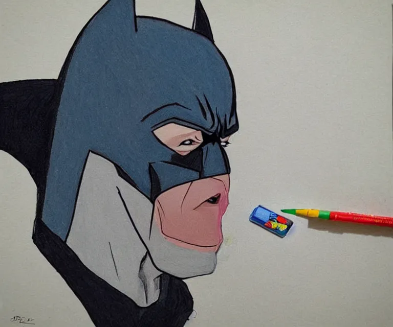 Image similar to “ sad batman crying and snacking on crayons from the box, deformed, disfigured photorealistic, hyperrealism, highly detailed, pixar ”