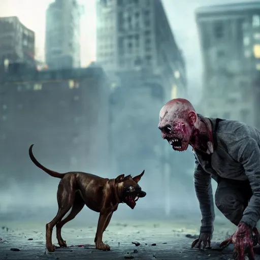 Image similar to dogwalker as angry zombie with a pit bull in a city park, full body portrait, horror core, apocalyptic, sharp focus, fiction, hyper detailed, digital art, trending in artstation, cinematic lighting, studio quality, smooth render, unreal engine 5 rendered, octane rendered, art style and nixeu and wlop and krenz cushart