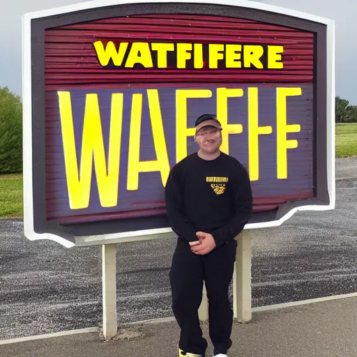 Image similar to wafflehouse employee's standing below wafflehouse sign