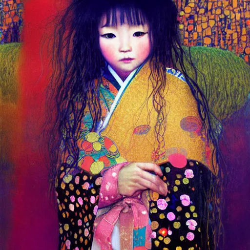 Prompt: painting of vivid colors japanese child in girl with long hair of a gustav klimt wallpaper by android jones detailed matte painting 8 k