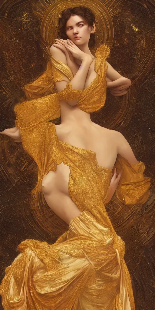 Prompt: ultra realistic illustration studio of a beautiful elegant girl in an artistic pose covered in golden silk cloths, intricate, elegant, highly detailed, digital painting, artstation, concept art, smooth, sharp focus, illustration, art by artgerm and greg rutkowski and alphonse mucha by klimt