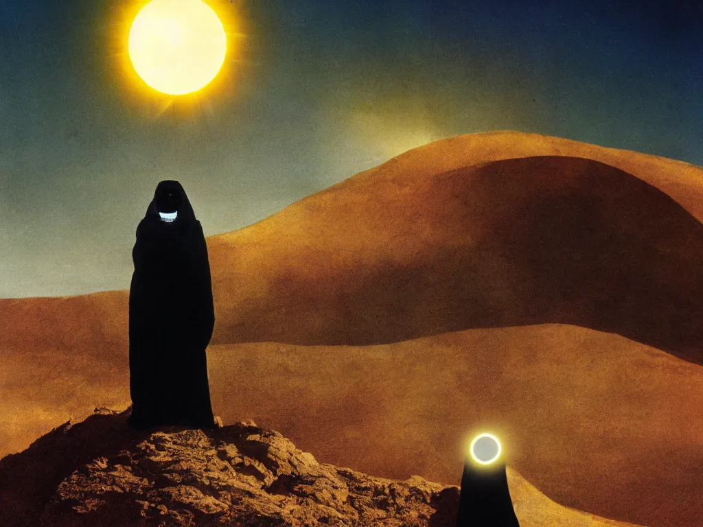 Prompt: glowing bene gesserit in full - face golden glowing mask in a black rocky desert landscape with a giant solar eclipse in the sky by christopher doyle and alejandro jodorowsky, anamorphic lens, kodakchrome, cinematic composition, very detailed photo, 8 k,