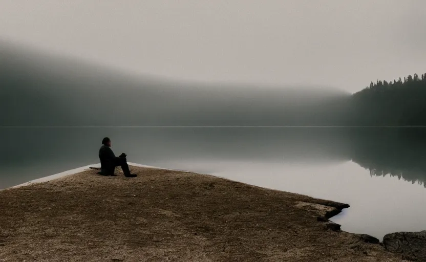 Image similar to cinematic shot of a lonely man at a suicide lake, moody scene from being john malcovich directed by charlie kaufman ( 2 0 0 1 ), foggy volumetric light morning, anamorphic lenses, kodak color film stock