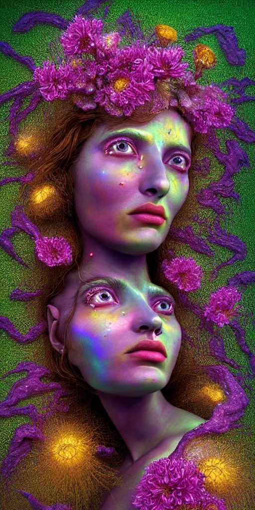 Prompt: hyper detailed 3d render like a Oil painting - portrait sculpt of Aurora (Singer) seen in mascara Lips on the Strangling network of yellowcake aerochrome and milky Fruit that covers her body and Her delicate Hands hold of gossamer polyp blossoms bring iridescent fungal flowers whose spores black the foolish stars by Jacek Yerka, Mariusz Lewandowski, Houdini algorithmic generative render, Abstract brush strokes, Masterpiece, Edward Hopper and James Gilleard, Zdzislaw Beksinski, Mark Ryden, Wolfgang Lettl, hints of Yayoi Kasuma, octane render, 8k