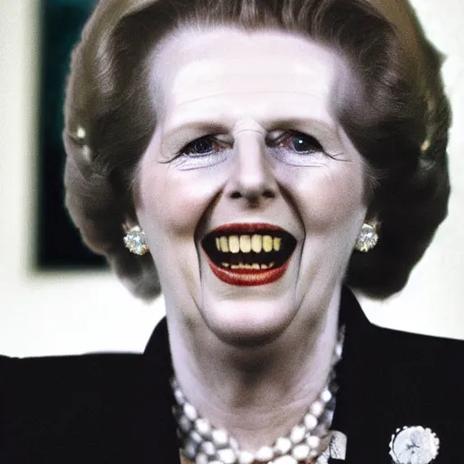 Prompt: Margaret Thatcher laughing at the working class, photorealistic