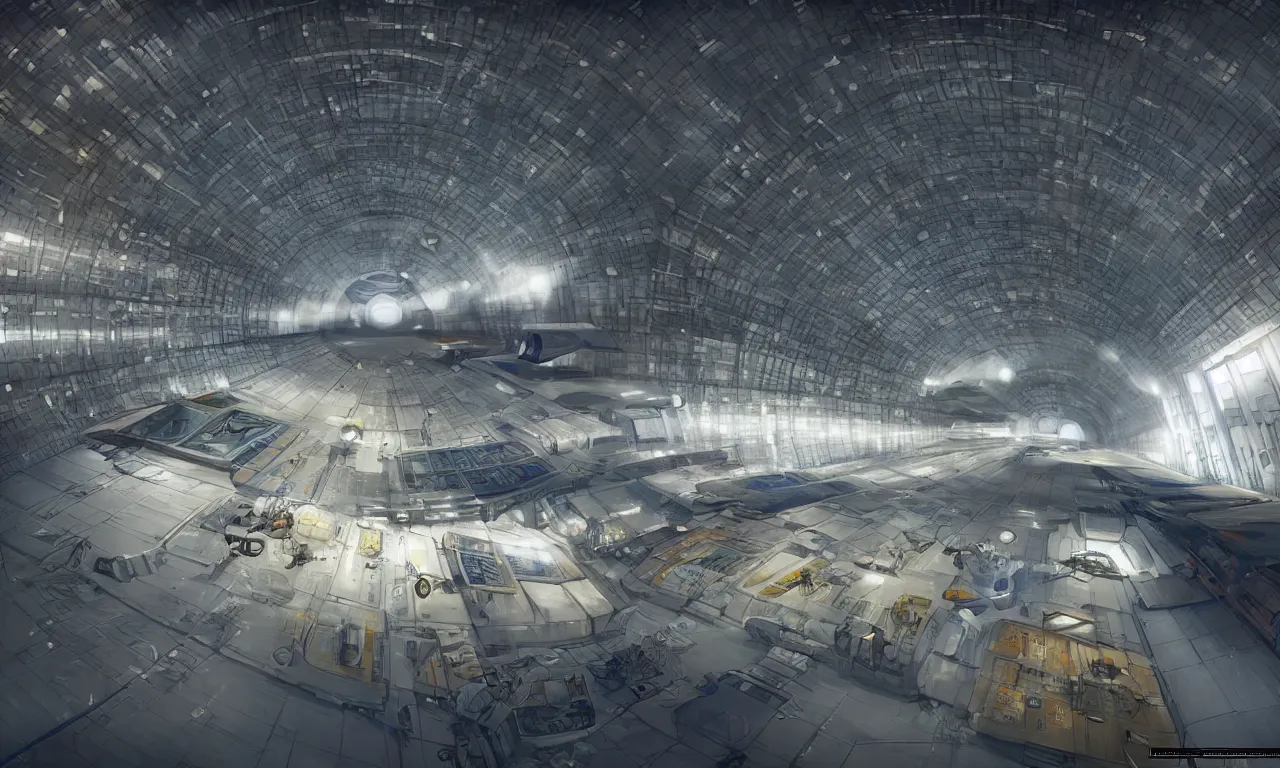 Image similar to A room inside a large hangar of the space station by Jose Daniel Cabrera Pena and Leonid Kozienko, concept art