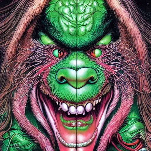 Image similar to portrait of crazy grinch, symmetrical, by yoichi hatakenaka, masamune shirow, josan gonzales and dan mumford, ayami kojima, takato yamamoto, barclay shaw, karol bak, yukito kishiro