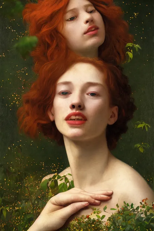 Image similar to portrait of happy a young woman, among the lights of golden fireflies and nature, long loose red hair, intricate details, bright green eyes, freckles on the nose, round gentle face, intricate dress, golden ratio, hyper realistic digital art by artemisia lomi gentileschi and caravaggio, gaston bussiere and tomacz alen kopera.