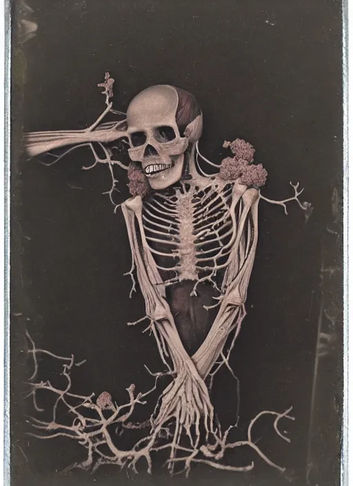 Image similar to an 1 9 1 0 polaroid photography of a very sad and detailed rotten woman corpse with fractal coral reefs and ornate growing all around, muscles, veins, arteries, bones, anatomical, skull, eye, ears, organs, flesh, full body, intricate, surreal, ray caesar, john constable, guy denning, dan hillier, black and white