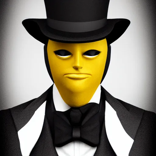 Image similar to a highly detailed portrait of a man in a high top hat covering his face, in a black tailcoat with a yellow waistcoat under the tailcoat, artstation, deviantart, professional, unreal engine 5, photorealistic