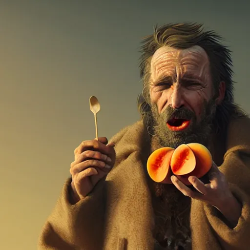 Prompt: Portrait of a feral man eating a peach, factory background, detail chewing, aesthetic, by greg rutkowski, rendered in octane