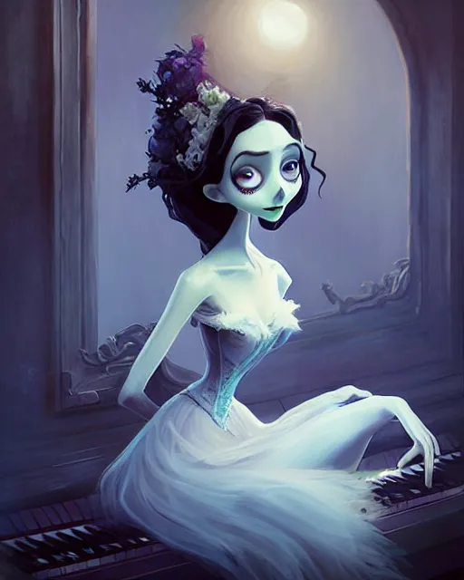 Image similar to elegant mysterious gracious undead victoria everglot from the corpse bride, portrait, illustration, the land of the death, piano in victorian front hall scene, rim light, top light, summer clear blue sky, perfectly shaded, soft painting, art by krenz cushart and wenjun lin