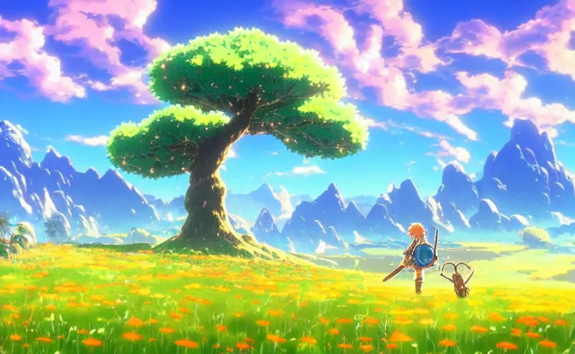 Image similar to fantastic anime sunny meadow with flowers, lone old Oak in the middle plane and mountains on the background, by Hayao Miyazaki, Nausicaa, Ghibli, Breath of the wild, Anime wallpaper