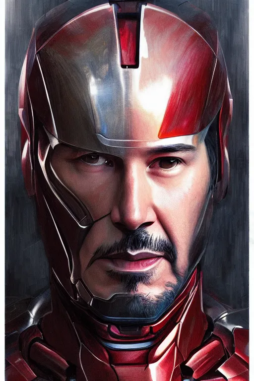 Prompt: Portrait of Keanu Reeves as Iron man, marvel, dark, intricate, highly detailed, smooth, artstation, digital illustration by Ruan Jia and Mandy Jurgens and Artgerm and Wayne Barlowe and Greg Rutkowski and Zdislav Beksinski