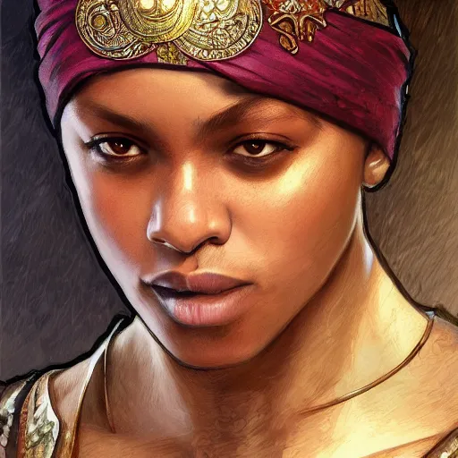 Image similar to KSI wearing a bandana, closeup, D&D style, fantasy, intricate, elegant, highly detailed, digital painting, artstation, concept art, matte, sharp focus, illustration, art by Artgerm and Greg Rutkowski and Alphonse Mucha