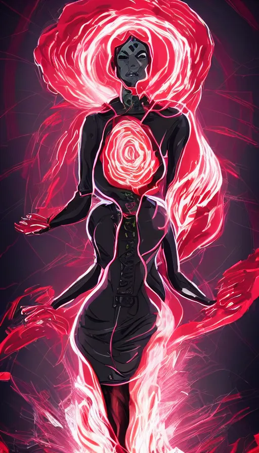 Prompt: Woman made of black flames, wearing a strict business suit, with no face, with glowing red eyes, with a red halo over her head, with red halo glowing out of her wrists, looking off to the side, growing out of a giant rose, rose petals flying in the wind, war, authoritarian, tense, digital painting, artstation, indieground, madness combat, strong dramatic cinematic lighting , blood red sky, grey skin, smooth, sharp focus, extremely detailed, illustration, concept art, sharp focus, by Annie Swynnerton and Nicholas Roerich, Godmachine, alphonse mucha''