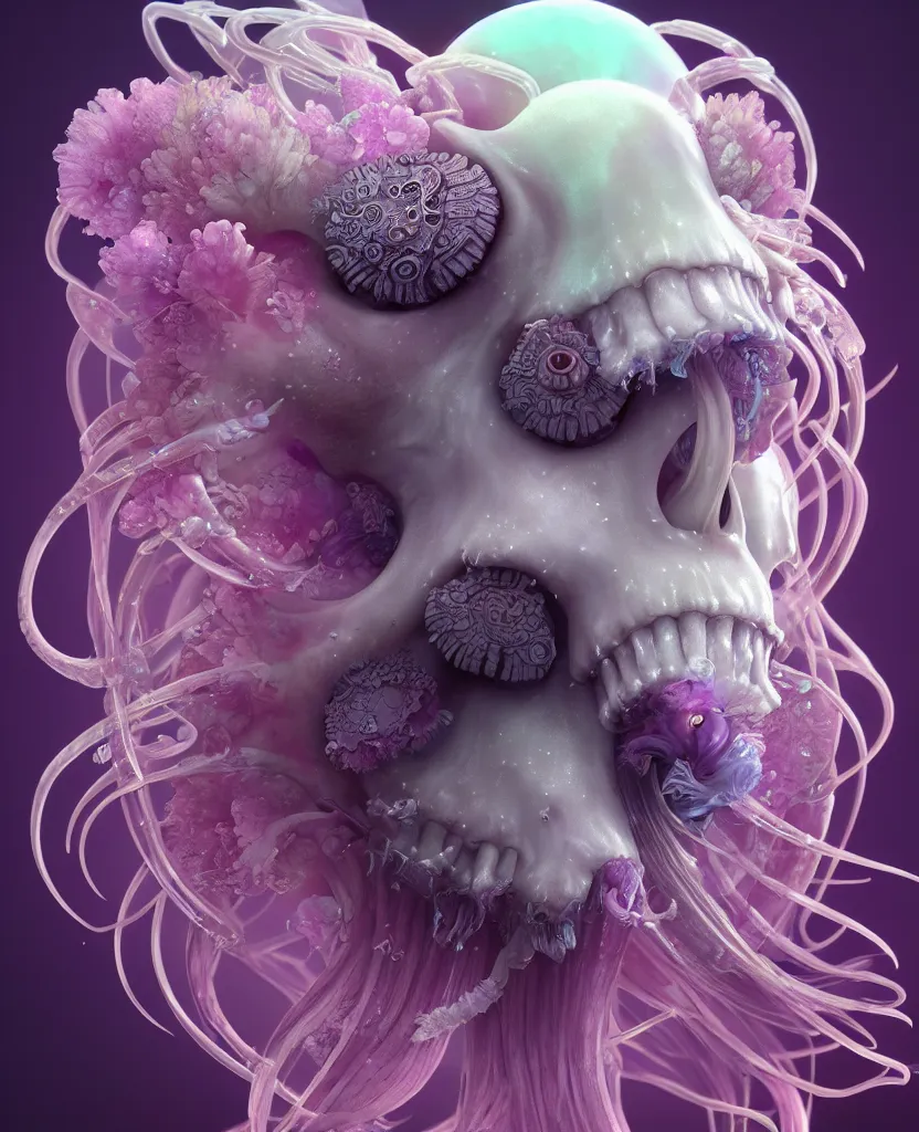 Image similar to goddess princess beautiful face close-up portrait ram skull fluffy toy. jellyfish phoenix head, nautilus, orchid, skull, betta fish, bioluminiscent creatures, intricate artwork by Tooth Wu and wlop and beeple. octane render, trending on artstation, greg rutkowski very coherent symmetrical artwork. cinematic, hyper realism, high detail, octane render, 8k