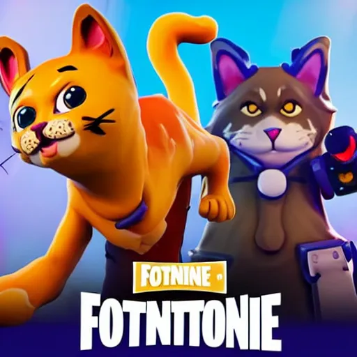 Image similar to a anthropomorphic cat playing Fortnite with a anthropomorphic dog cartoon, Jim Davis