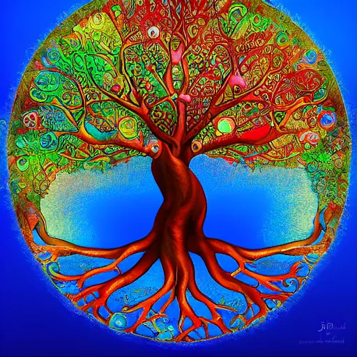 Prompt: the tree of knowledge, the tree of life, amazing art, organic complexity, digital art, incredible details, intrincate details, polygons, smooth network, colorful
