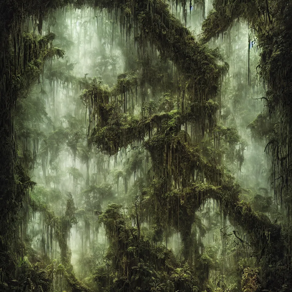 Prompt: a dark enchanted rainforest jungle at night, upward cinematic angle, thick mist, by rodney matthews, michael kaluta, bernie wrightston, and stephen gammell, ghostly low light, stunning composition, intricate, elegant, digital art, hyperdetailed, full color mixed media painting, hyperrealistic, sharp focus, 8k