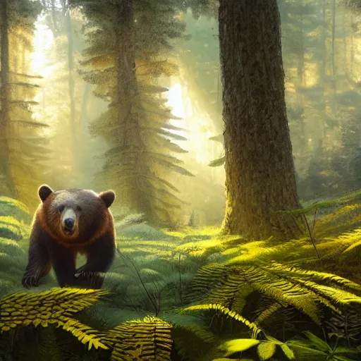 Image similar to a realistic fearful bear, beautiful, proportionate, atmosphere, vibe, forest, fern, flowers, concept art illustration, color page, tone mapping, james jean, andrei riabovitchev, marc simonetti, digital illustration, greg rutowski, volumetric lighting, sunbeams, particles