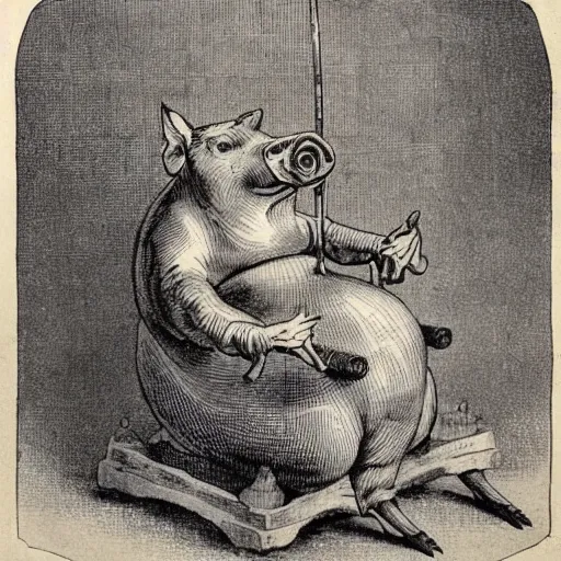 Prompt: intricate vintage scientific illustration of pig sitting on a old throne with arms crossed wearing red cape