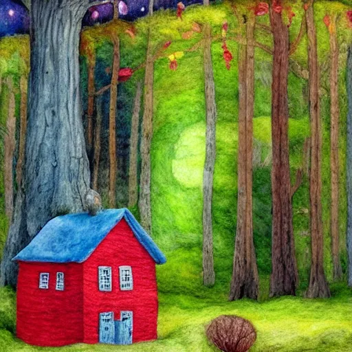 Prompt: small wooden house in the middle of spring forest, bright colours, watercolor, volumetric wool felting, macro photography, children illustration, by rob gonsalves