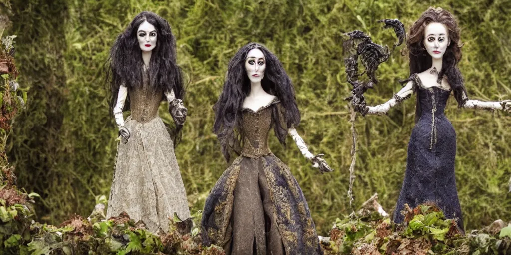 Image similar to photo taken of an epic intricate, ultra detailed, super realistic stop motion puppet of a majestic gracious regal aristocratic brunette female vampires in a graveyard filmset created by weta workshop and tim burton, menacing, wide angle, full body shots, photorealistic, sharp focus, gloomy, extremely cold blueish colour temperature, 3 5 mm, f 1. 4