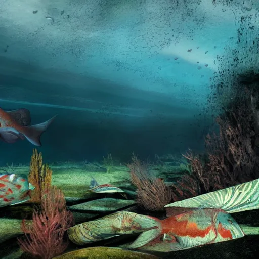 Prompt: underwater Scottish Parliament, deep underwater, fish shoal, concept art in style of Greg Rutkowki, dynamic lighting, 4k, very very very highly detailed, hyper realistic